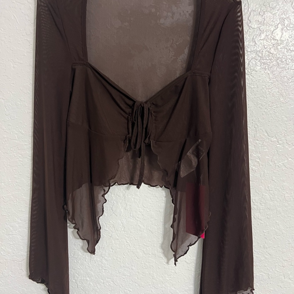 SHEIN Womens Brown Cropped Tie Front Long Sleeve Size S #288 New